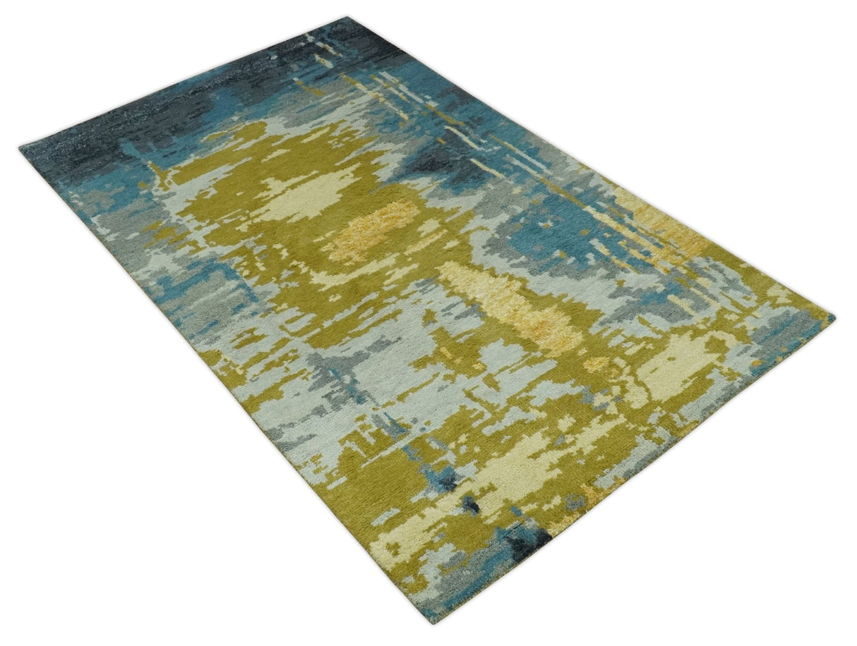 Modern Abstract Olive, Silver, Blue and Charcoal 5x8 Hand Knotted wool Area Rug