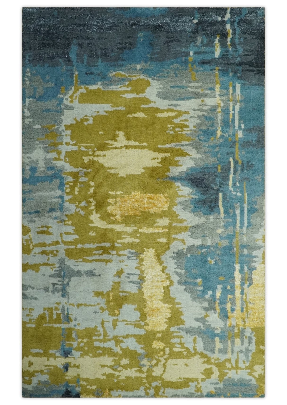 Modern Abstract Olive, Silver, Blue and Charcoal 5x8 Hand Knotted wool Area Rug
