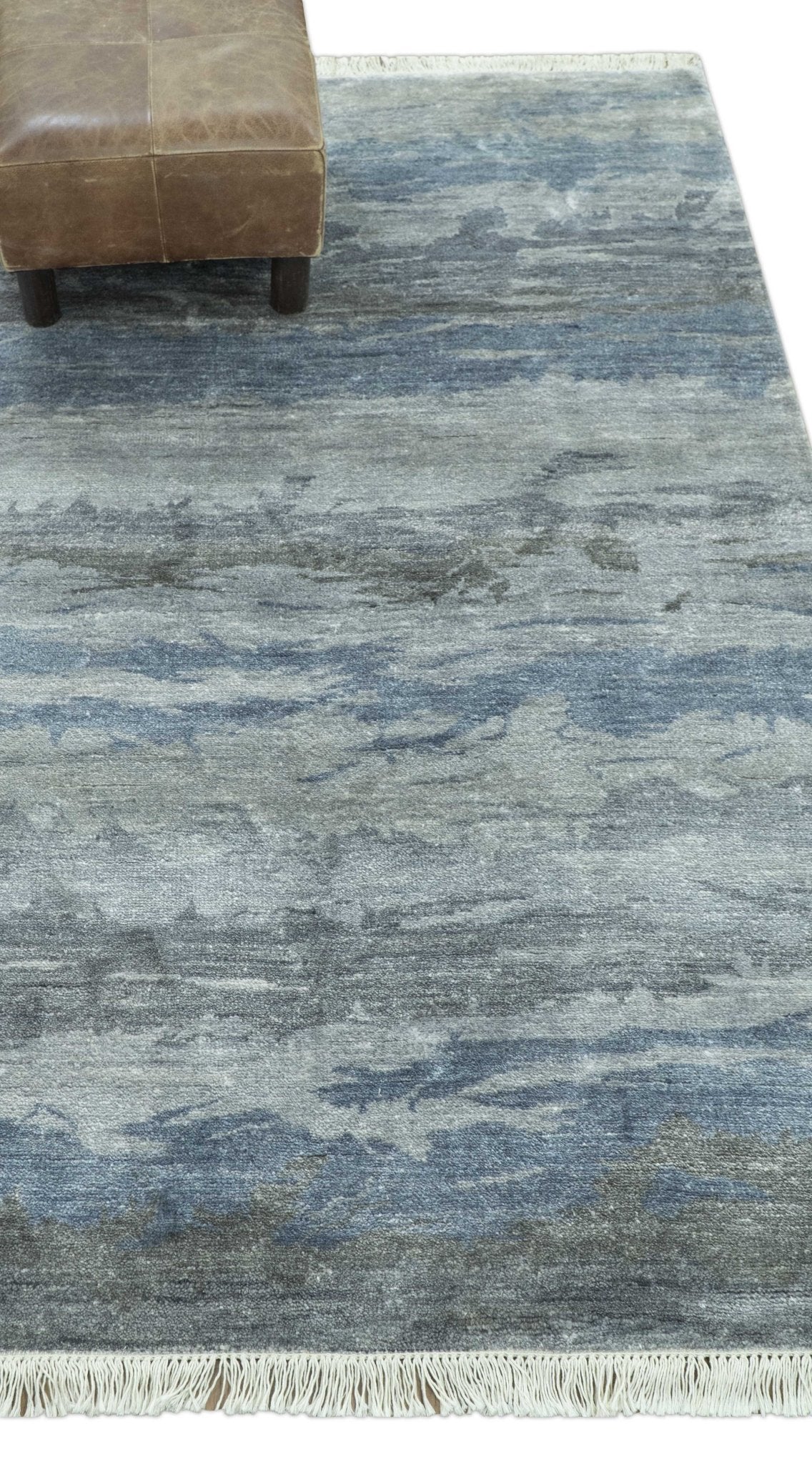 Modern Abstract Pattern Blue And Silver Hand Knotted 4x6 Bamboo Silk Area Rug