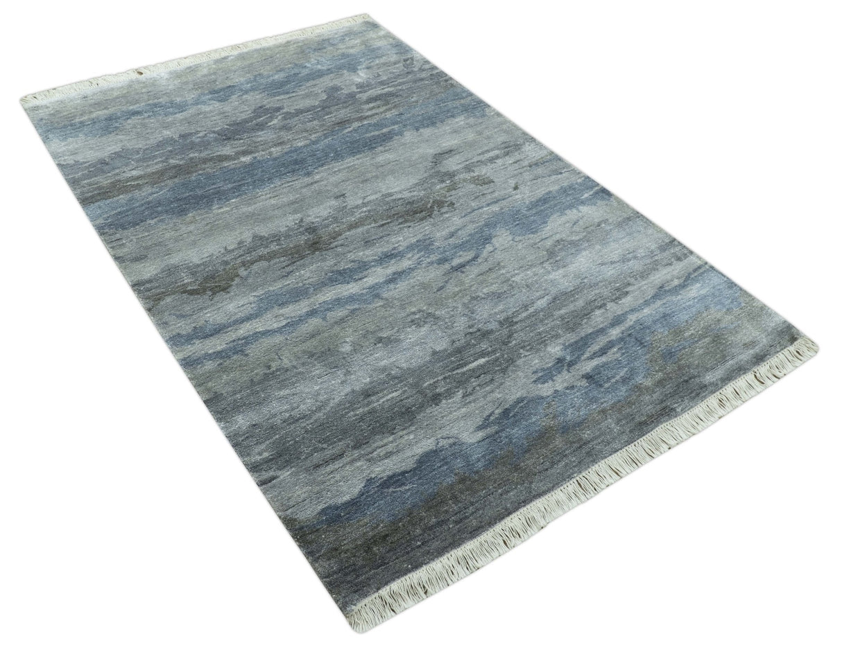 Modern Abstract Pattern Blue And Silver Hand Knotted 4x6 Bamboo Silk Area Rug