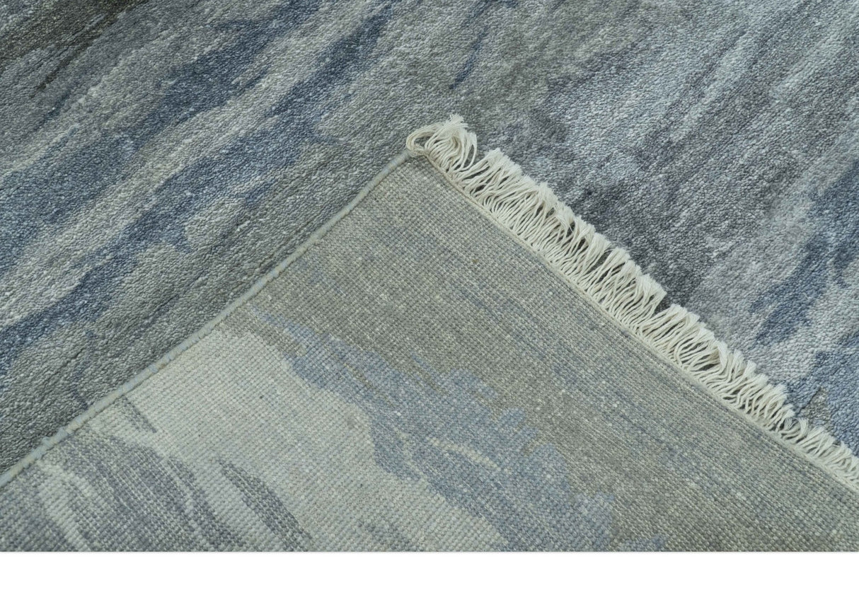 Modern Abstract Pattern Blue And Silver Hand Knotted 4x6 Bamboo Silk Area Rug