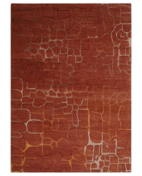 Modern Abstract Rust 5x7 Handloom wool and Art Silk Area Rug
