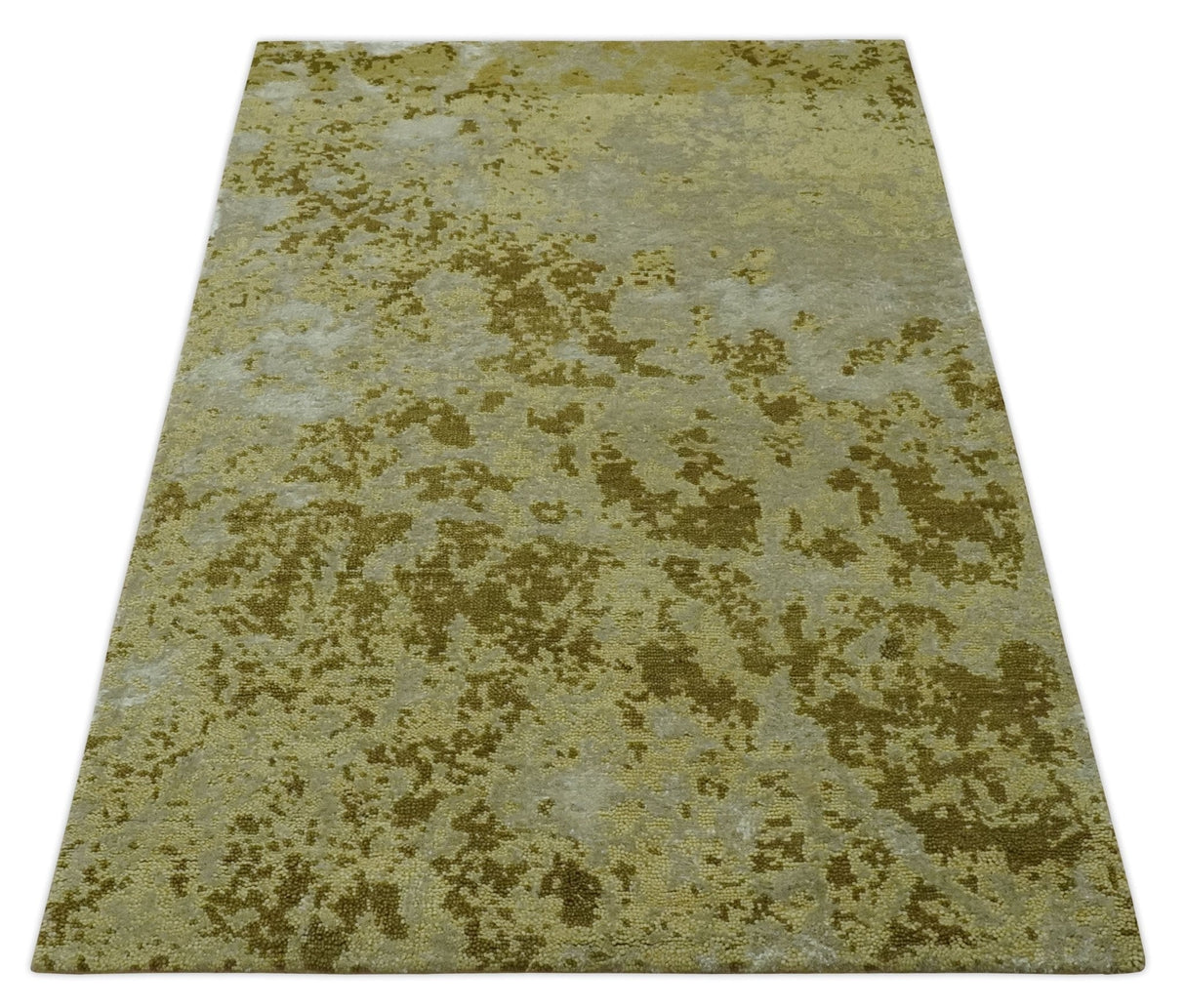 Modern Abstract Shades of Olive and Silver 5x8 Hand knotted wool and art silk area rug