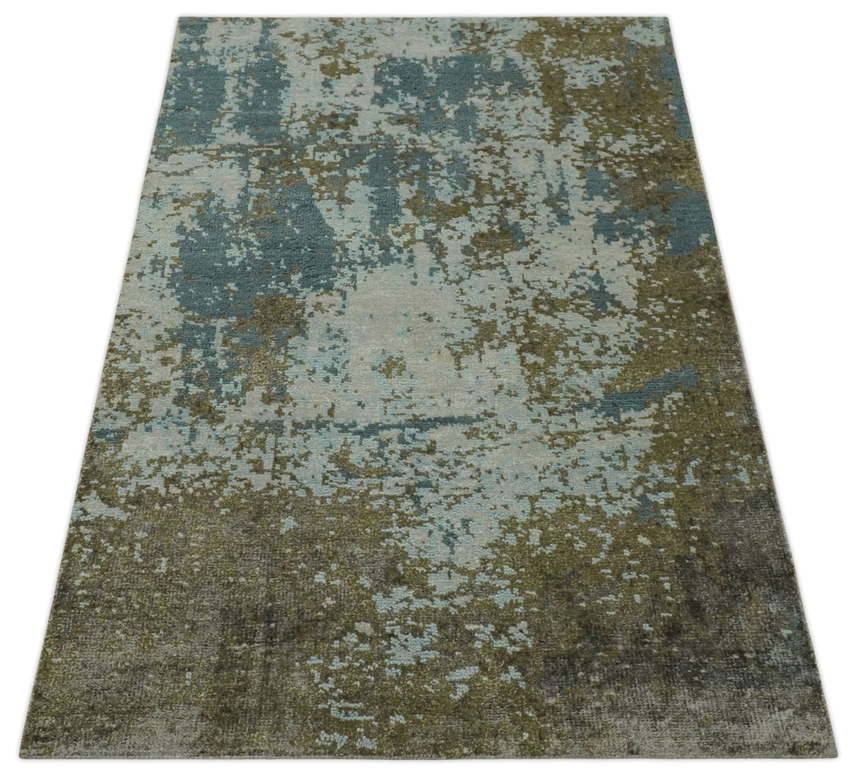 Modern Abstract Silver, Gray, Olive and Tan Hand Knotted 5x8 wool Area Rug