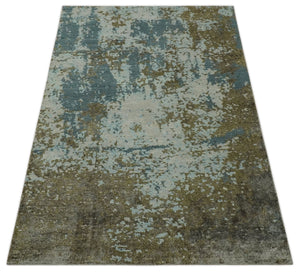 Modern Abstract Silver, Gray, Olive and Tan Hand Knotted 5x8 wool Area Rug