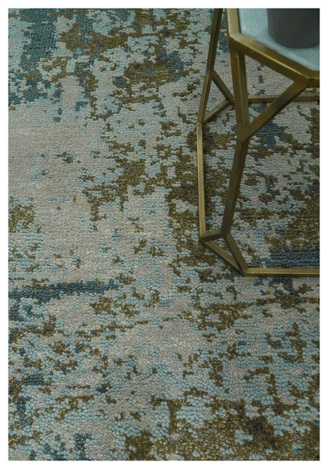Modern Abstract Silver, Gray, Olive and Tan Hand Knotted 5x8 wool Area Rug