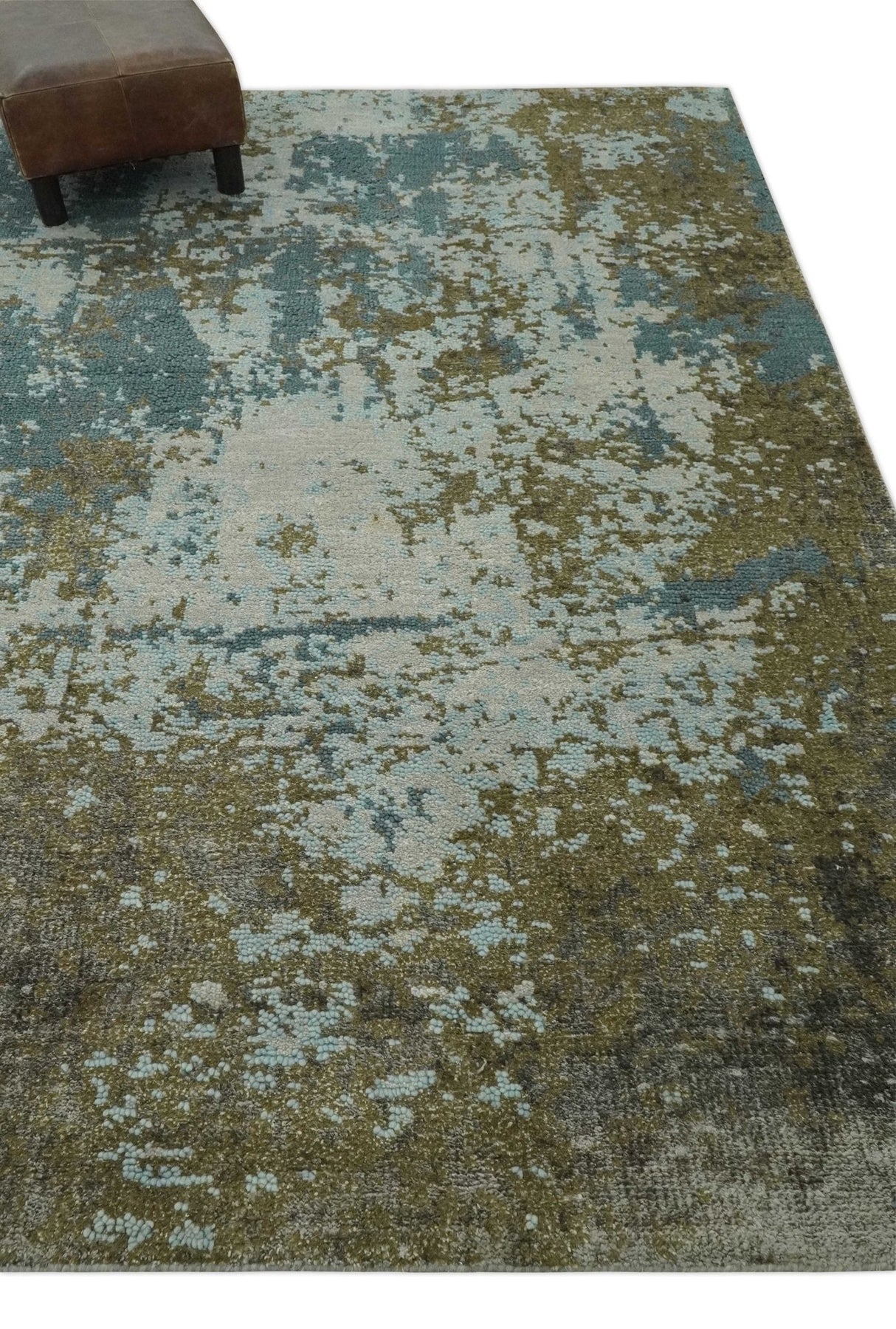 Modern Abstract Silver, Gray, Olive and Tan Hand Knotted 5x8 wool Area Rug