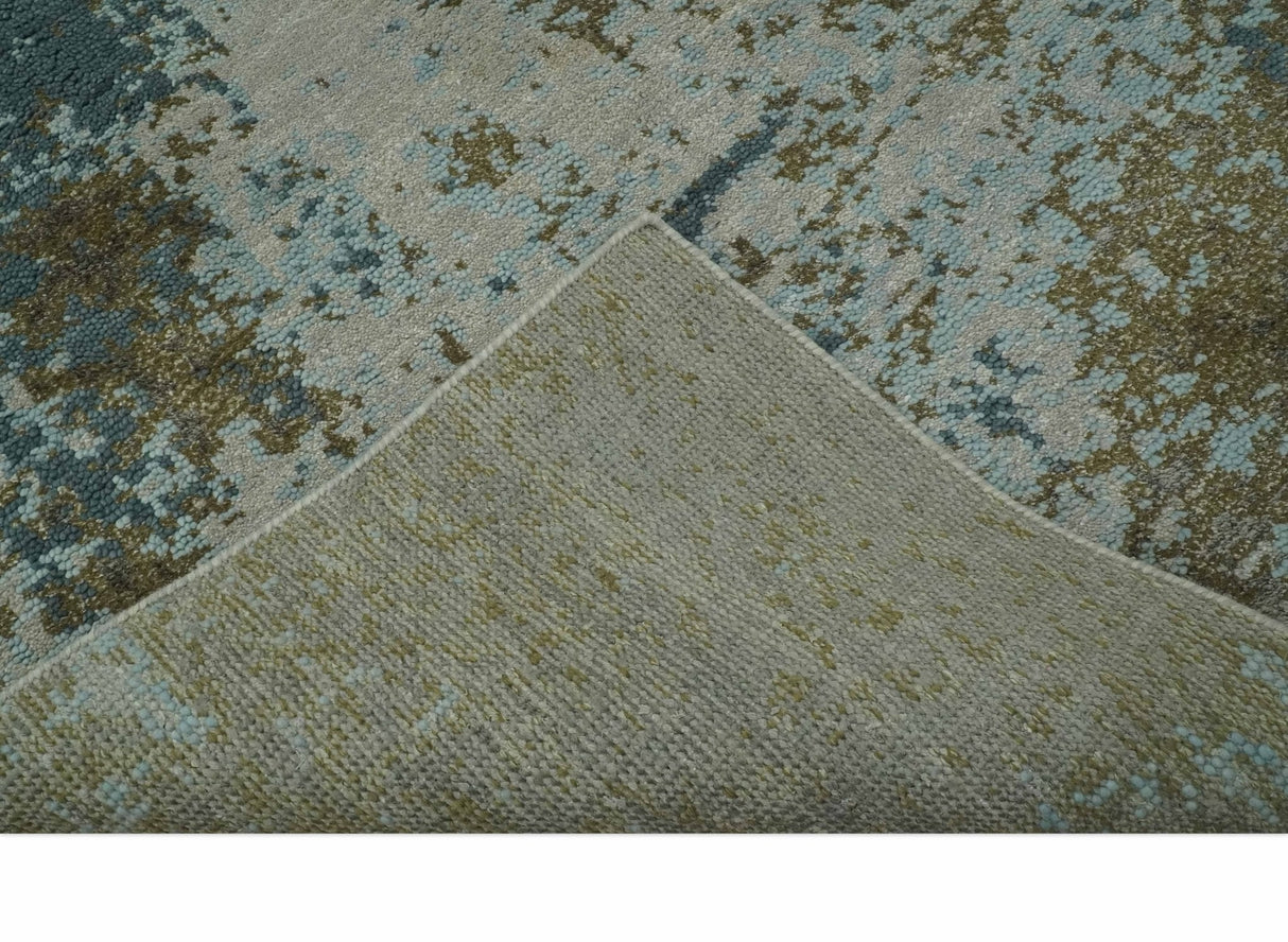 Modern Abstract Silver, Gray, Olive and Tan Hand Knotted 5x8 wool Area Rug
