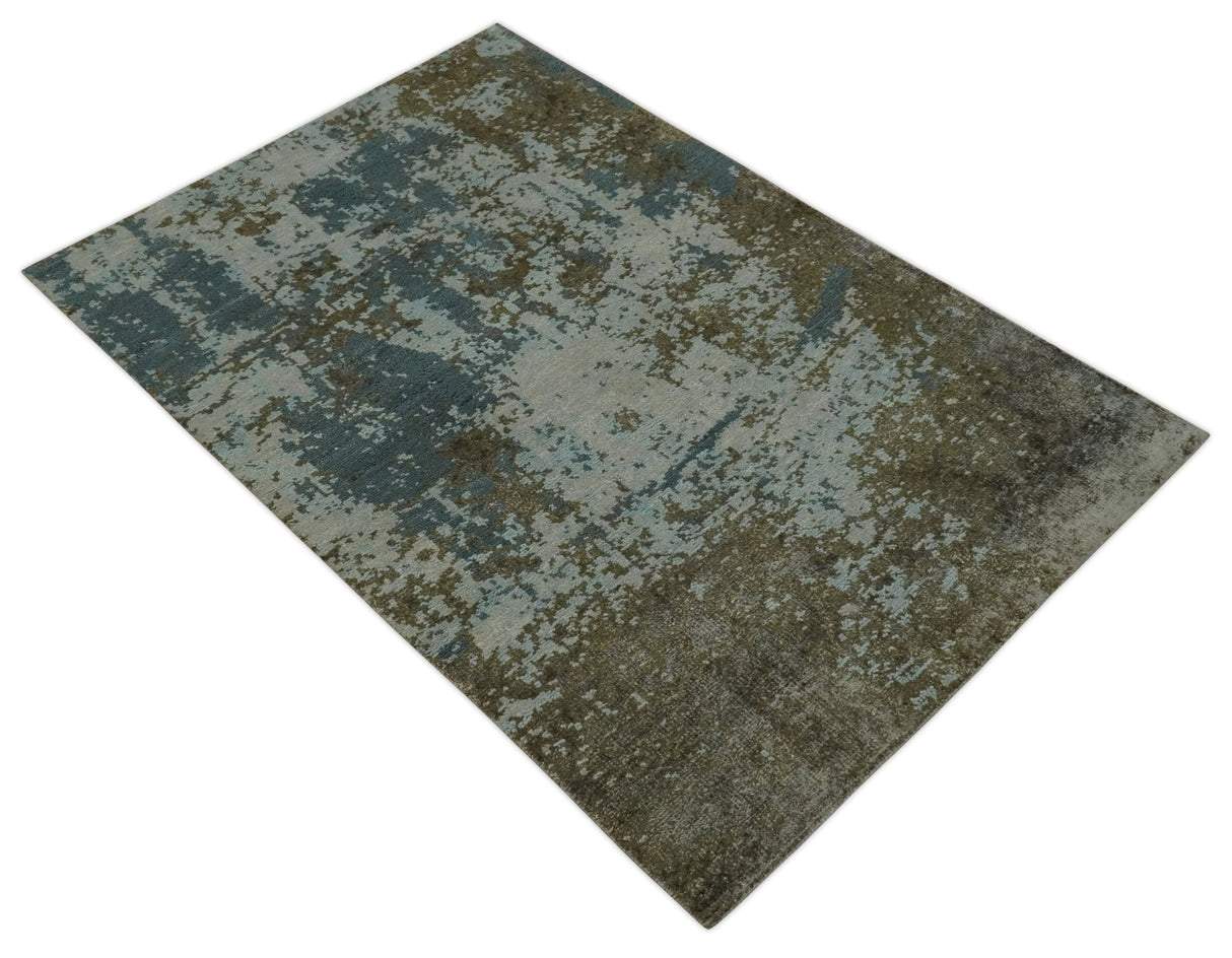 Modern Abstract Silver, Gray, Olive and Tan Hand Knotted 5x8 wool Area Rug