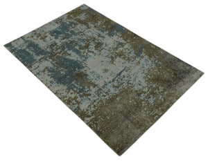 Modern Abstract Silver, Gray, Olive and Tan Hand Knotted 5x8 wool Area Rug