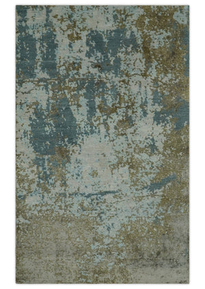 Modern Abstract Silver, Gray, Olive and Tan Hand Knotted 5x8 wool Area Rug