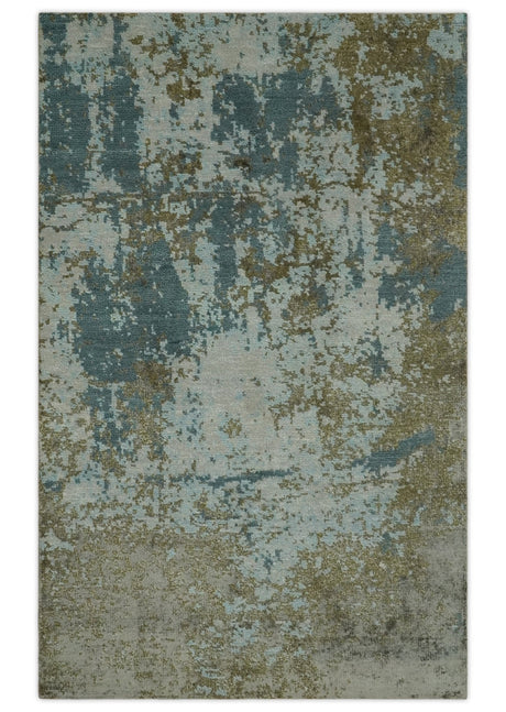 Modern Abstract Silver, Gray, Olive and Tan Hand Knotted 5x8 wool Area Rug