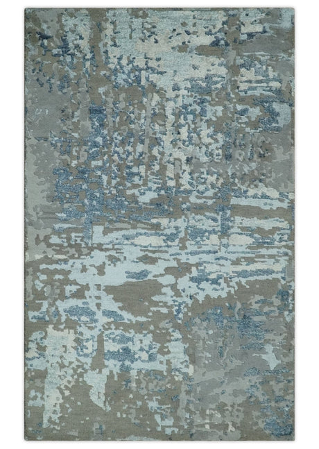 Modern Abstract Taupe, Aqua, Blue and Gray Hand Knotted 5x8 wool Area Rug