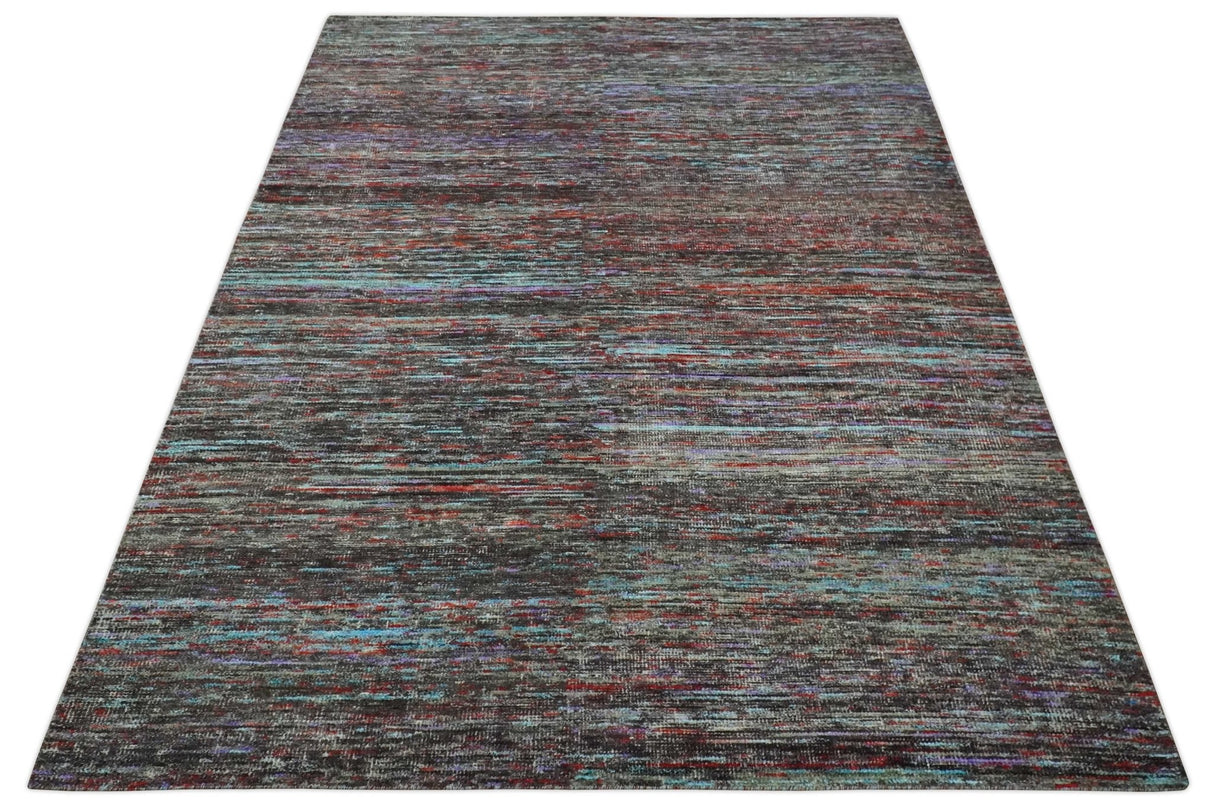Modern Abstract Vibrant Colorful Maroon, Violet, Blue and Charcoal Hand knotted Flat Woven 8x11.6 wool Area Rug