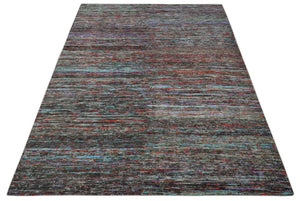 Modern Abstract Vibrant Colorful Maroon, Violet, Blue and Charcoal Hand knotted Flat Woven 8x11.6 wool Area Rug