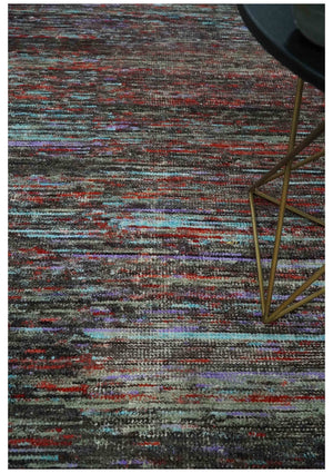 Modern Abstract Vibrant Colorful Maroon, Violet, Blue and Charcoal Hand knotted Flat Woven 8x11.6 wool Area Rug