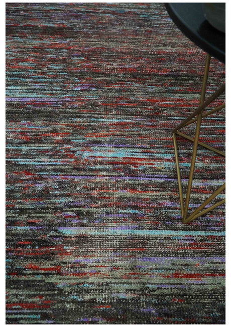 Modern Abstract Vibrant Colorful Maroon, Violet, Blue and Charcoal Hand knotted Flat Woven 8x11.6 wool Area Rug