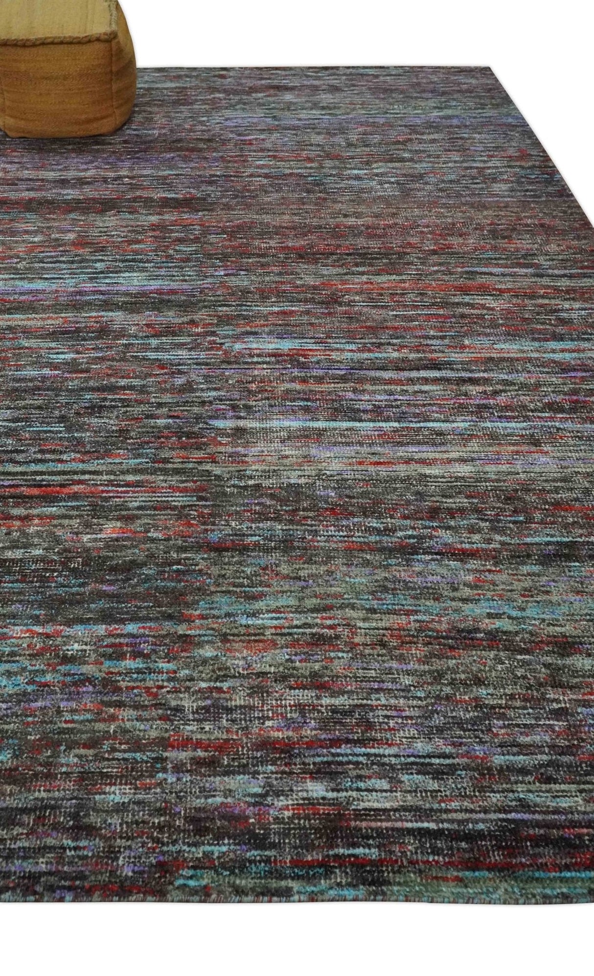 Modern Abstract Vibrant Colorful Maroon, Violet, Blue and Charcoal Hand knotted Flat Woven 8x11.6 wool Area Rug