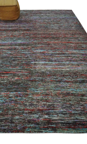 Modern Abstract Vibrant Colorful Maroon, Violet, Blue and Charcoal Hand knotted Flat Woven 8x11.6 wool Area Rug