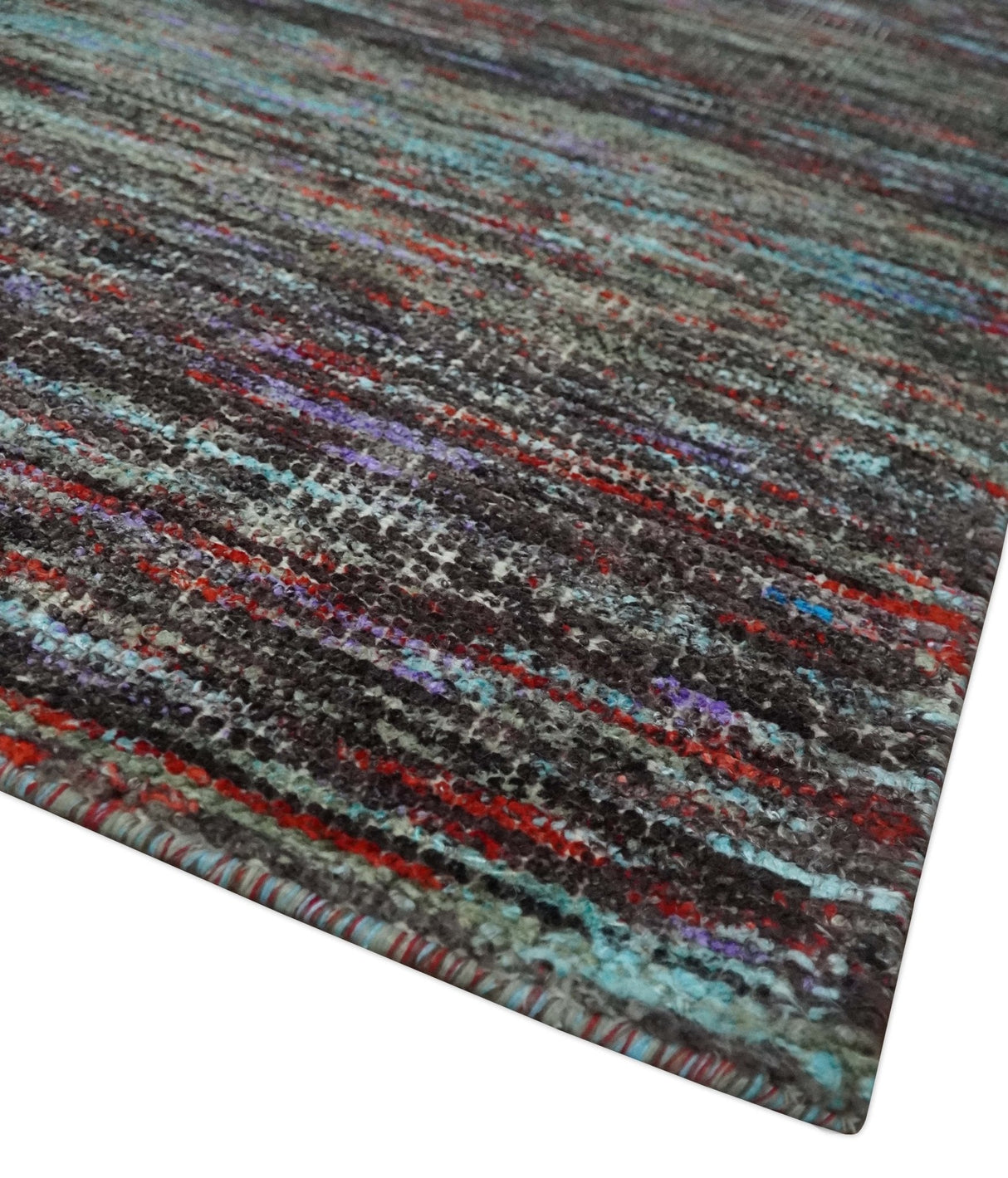 Modern Abstract Vibrant Colorful Maroon, Violet, Blue and Charcoal Hand knotted Flat Woven 8x11.6 wool Area Rug