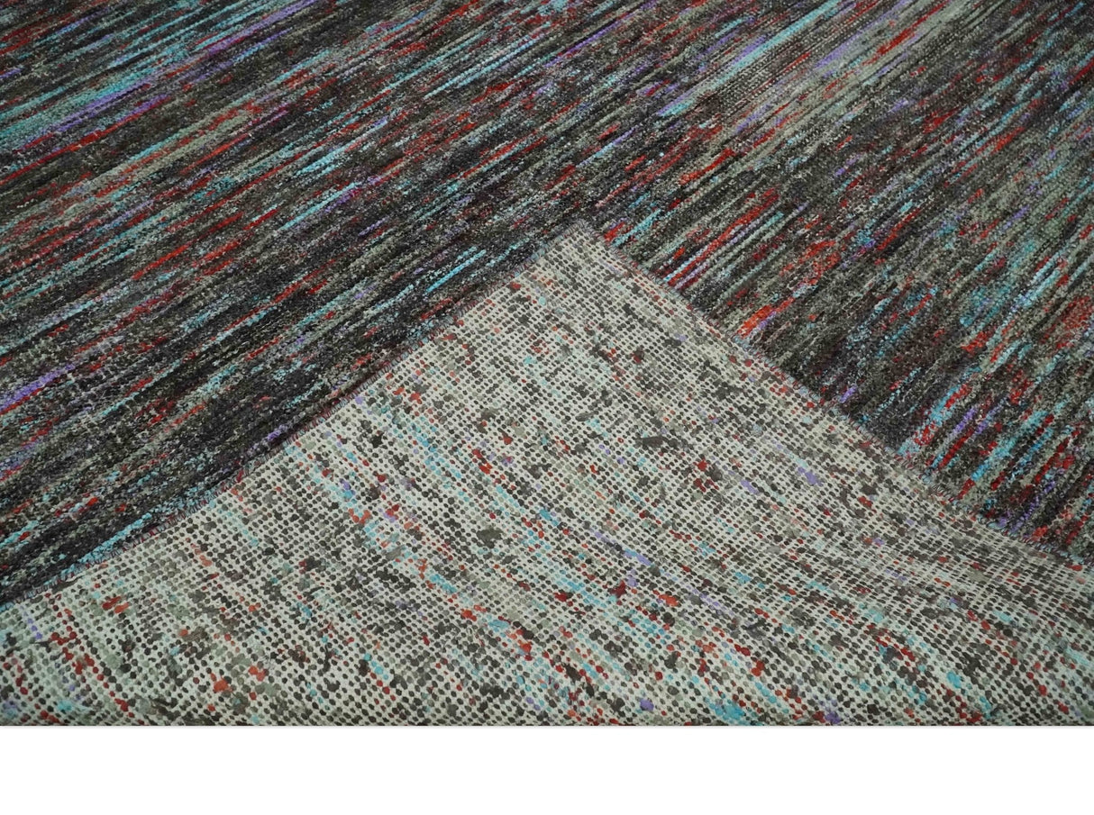 Modern Abstract Vibrant Colorful Maroon, Violet, Blue and Charcoal Hand knotted Flat Woven 8x11.6 wool Area Rug