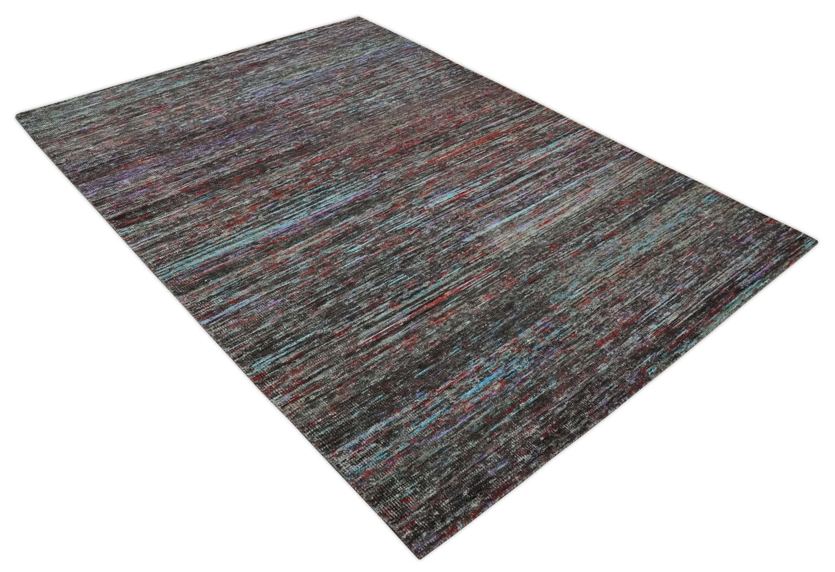 Modern Abstract Vibrant Colorful Maroon, Violet, Blue and Charcoal Hand knotted Flat Woven 8x11.6 wool Area Rug