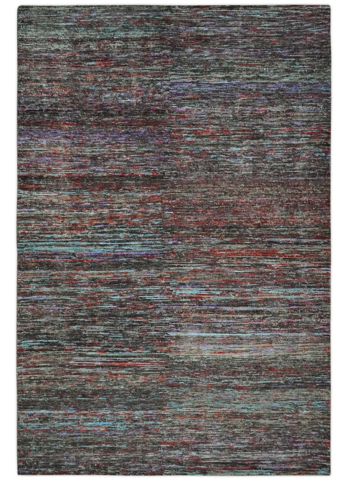 Modern Abstract Vibrant Colorful Maroon, Violet, Blue and Charcoal Hand knotted Flat Woven 8x11.6 wool Area Rug