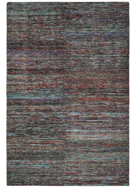 Modern Abstract Vibrant Colorful Maroon, Violet, Blue and Charcoal Hand knotted Flat Woven 8x11.6 wool Area Rug