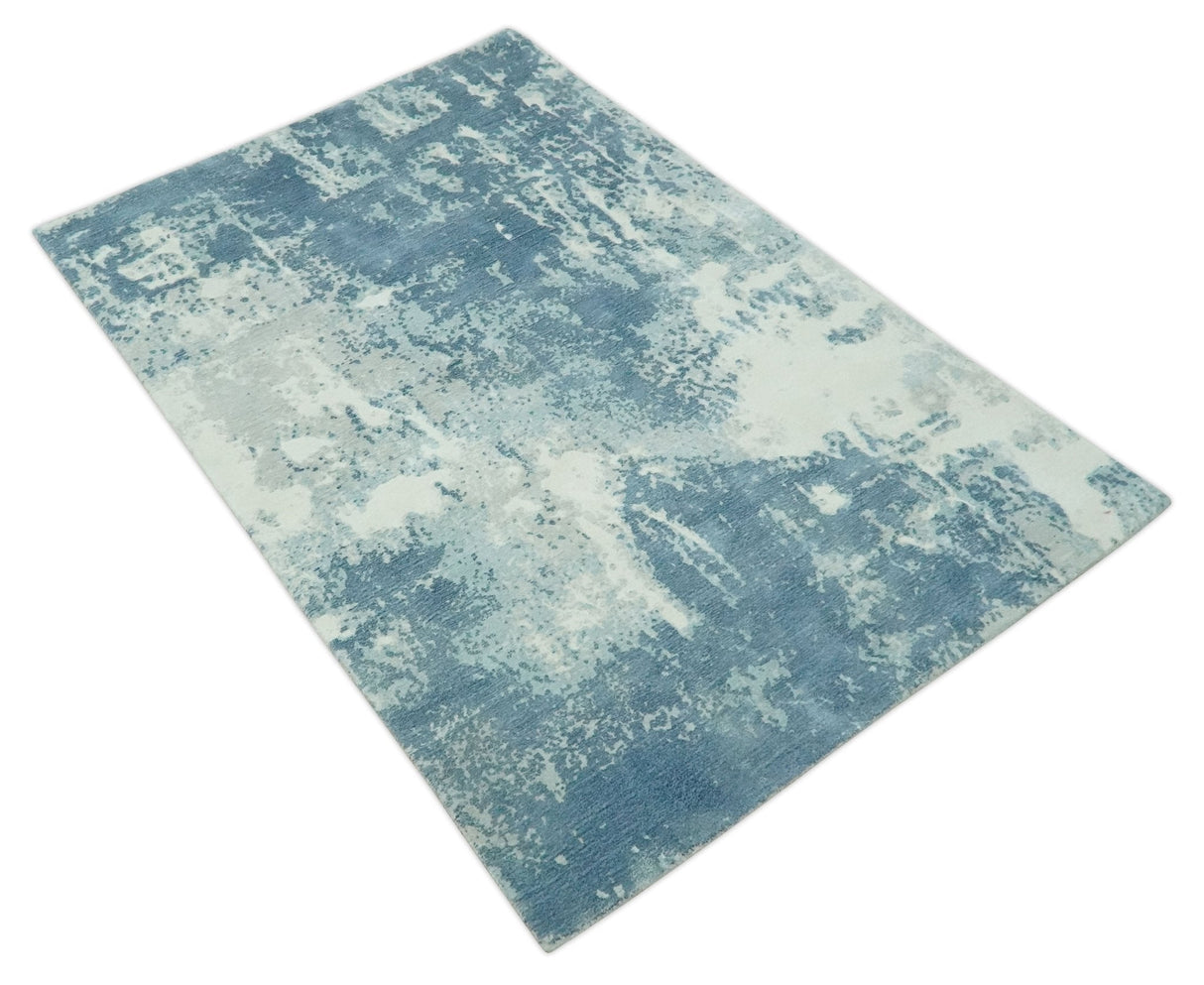 Modern Abstract blue, Ivory and Silver 4x6 Hand Knotted wool Area Rug