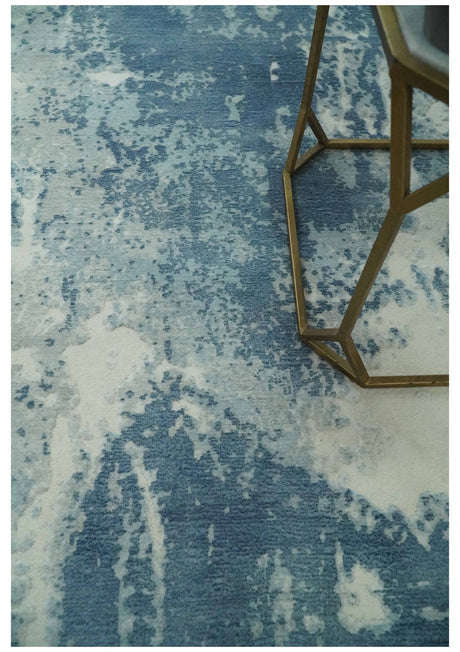 Modern Abstract blue, Ivory and Silver 4x6 Hand Knotted wool Area Rug