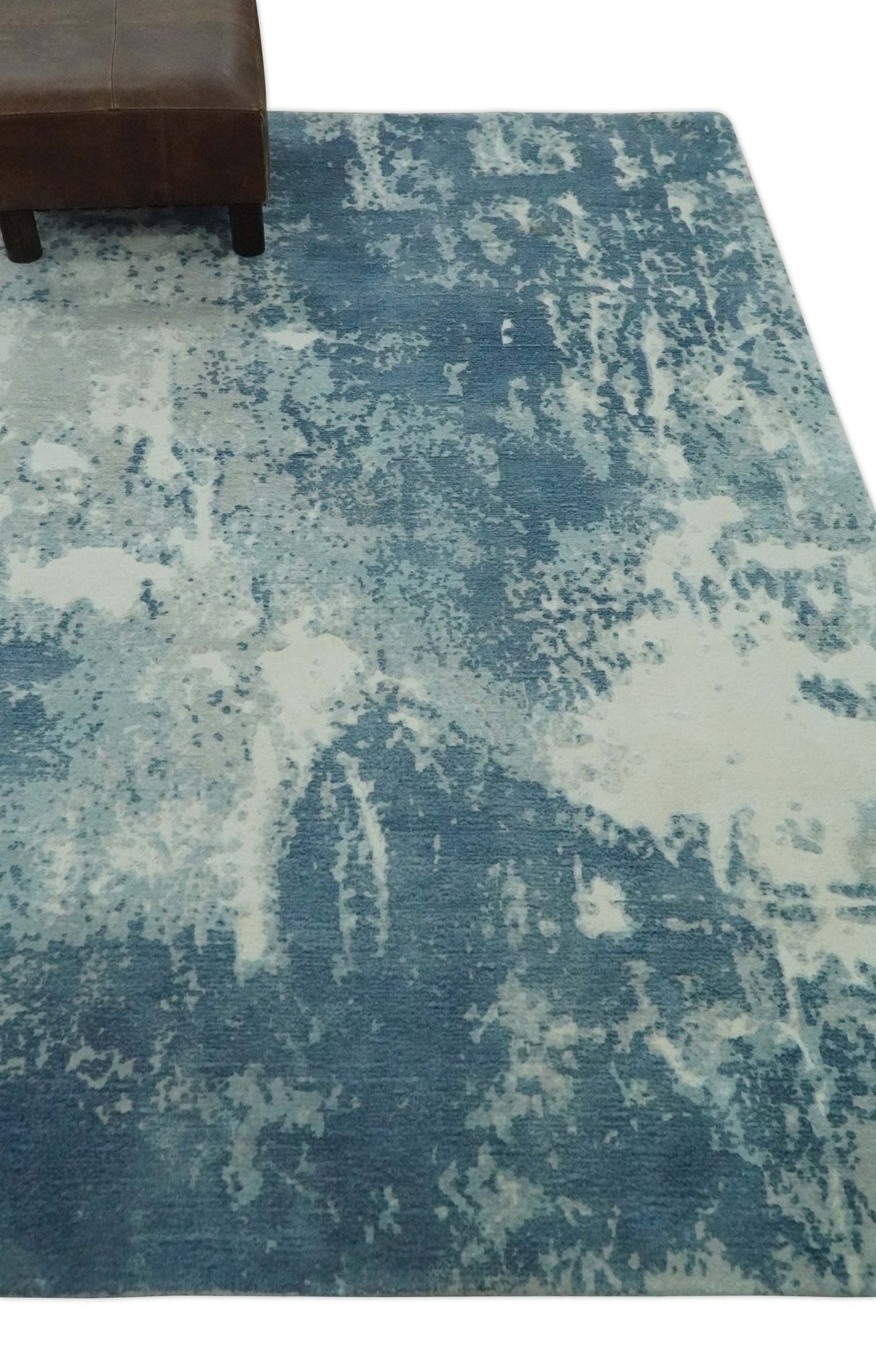 Modern Abstract blue, Ivory and Silver 4x6 Hand Knotted wool Area Rug