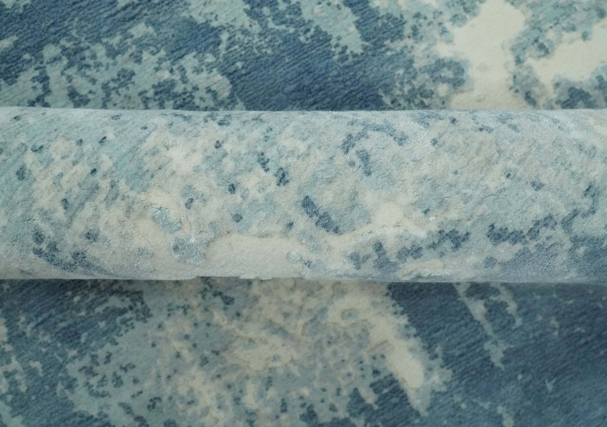 Modern Abstract blue, Ivory and Silver 4x6 Hand Knotted wool Area Rug
