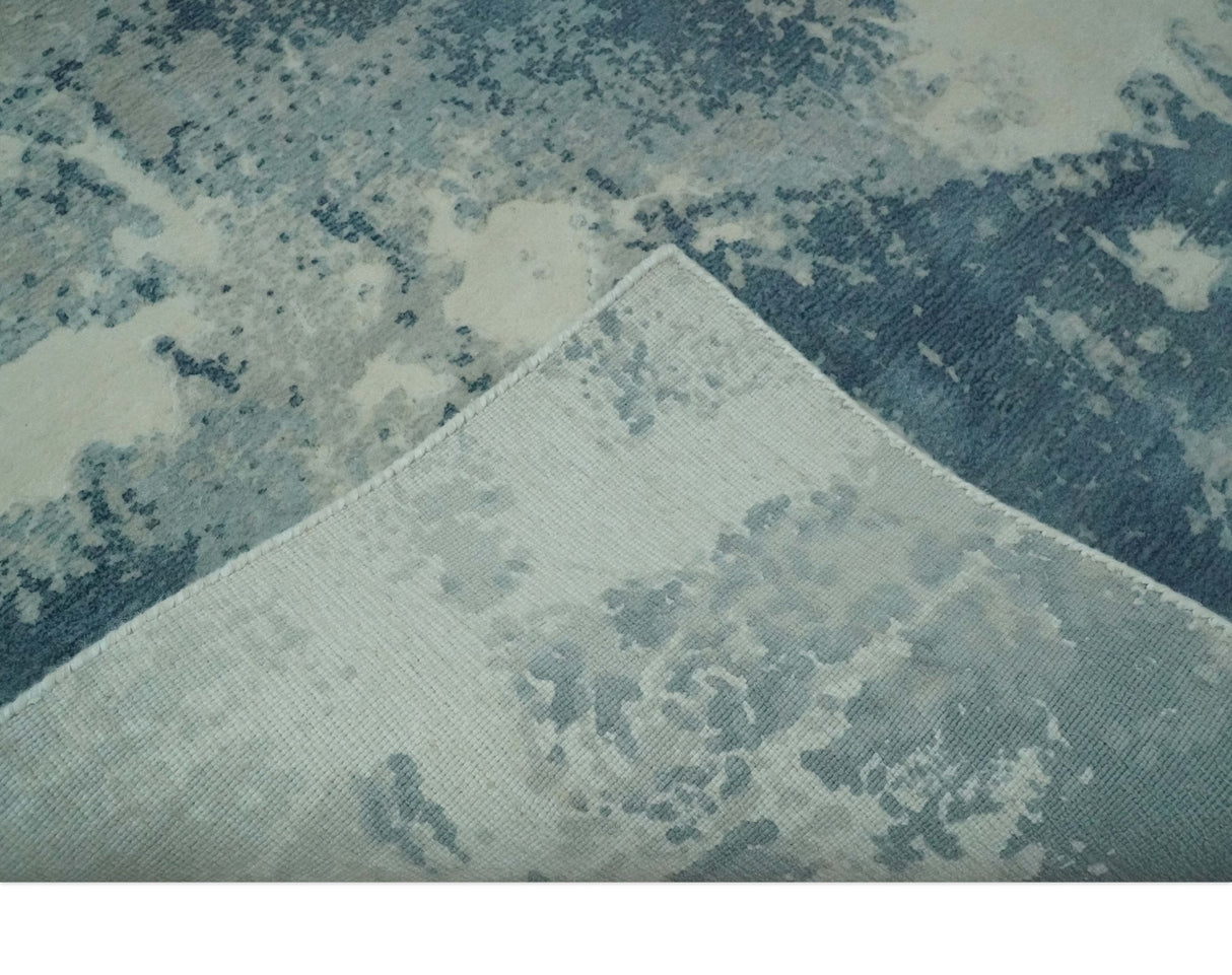 Modern Abstract blue, Ivory and Silver 4x6 Hand Knotted wool Area Rug