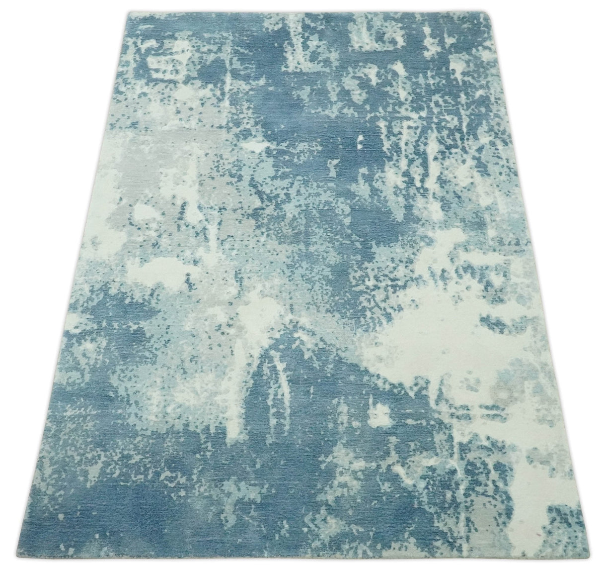 Modern Abstract blue, Ivory and Silver 4x6 Hand Knotted wool Area Rug