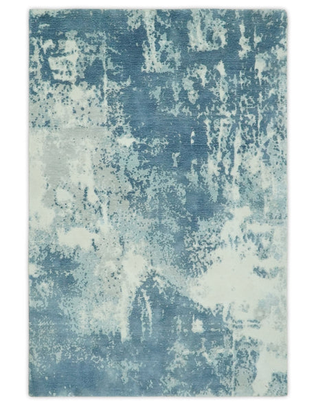 Modern Abstract blue, Ivory and Silver 4x6 Hand Knotted wool Area Rug
