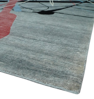 Modern Artistic Rug 8x10 Gray, Blue, Rust and Black Abstract Hand Knotted Bamboo Silk Area Rug