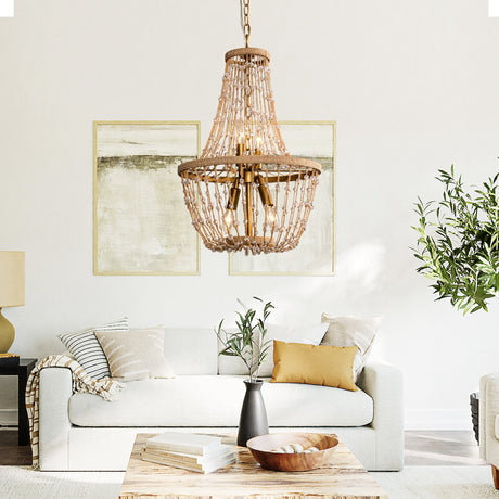 Modern Beaded Basket Weathered Wood 4-Light Chandelier