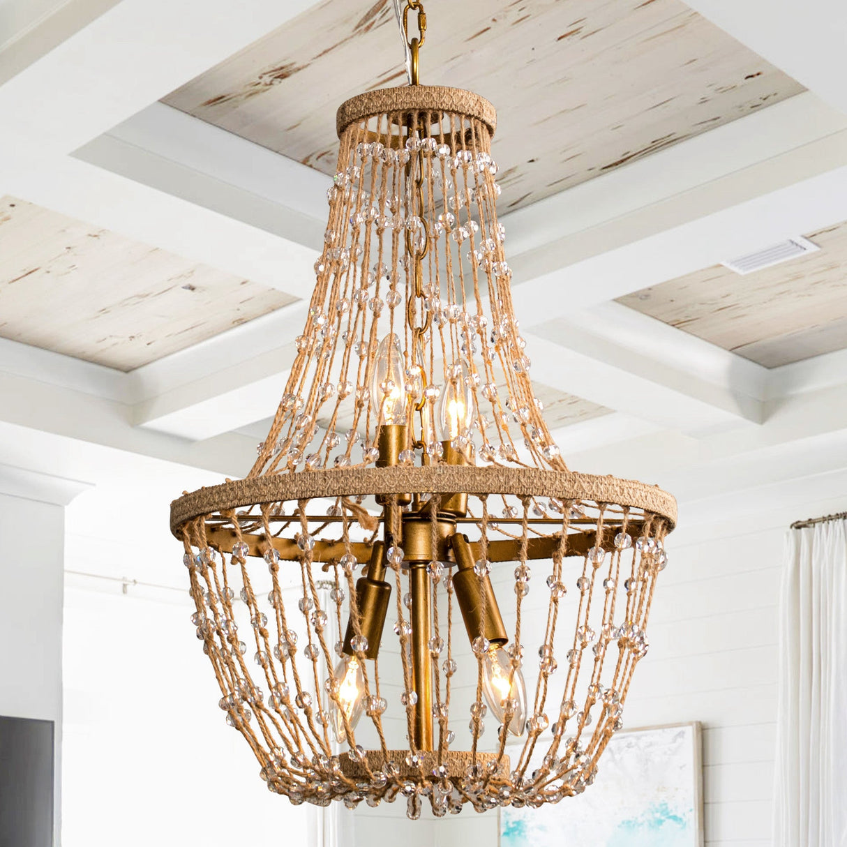 Modern Beaded Basket Weathered Wood 4-Light Chandelier