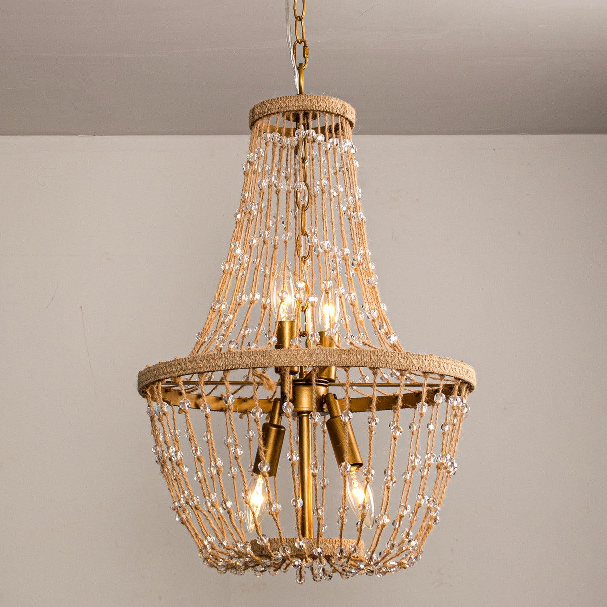 Modern Beaded Basket Weathered Wood 4-Light Chandelier