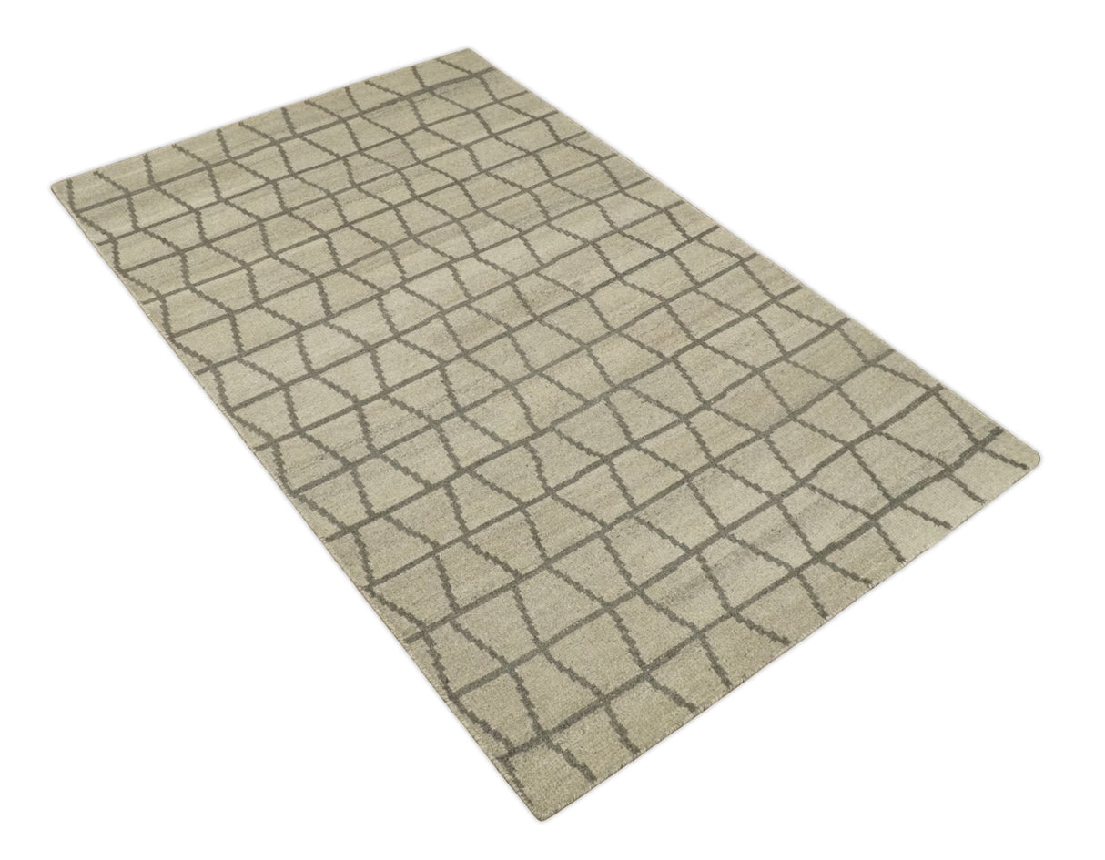 Modern Beige and Brown Geometric Scandinavian 5x7 Blended Wool Flatwoven Area Rug | HL24