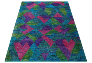 Modern Geometrical 6x8 Blue, Purple, Violet and Green Hand Knotted wool area rug