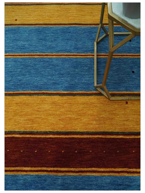 Modern Geometrical Blue, Gold, Brown and Green Stripes Design Hand loom 4.6x7 wool Area Rug