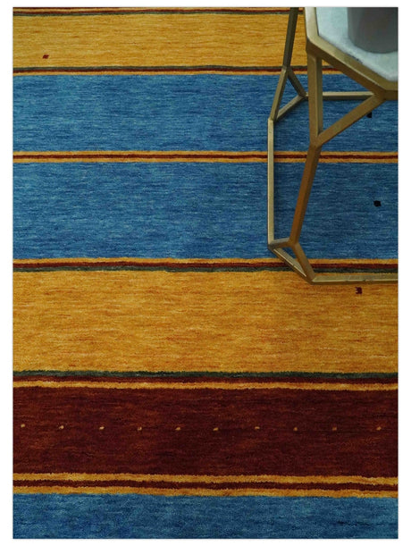 Modern Geometrical Blue, Gold, Brown and Green Stripes Design Hand loom 4.6x7 wool Area Rug