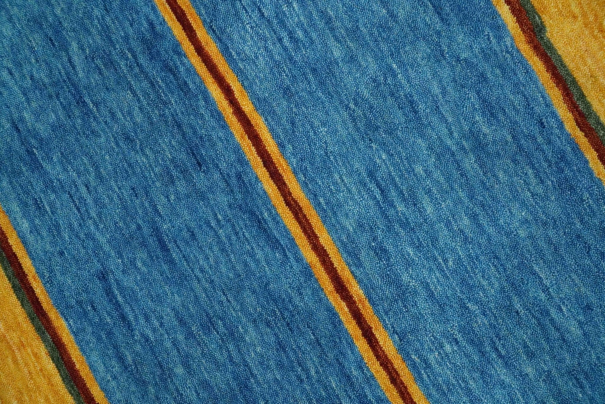 Modern Geometrical Blue, Gold, Brown and Green Stripes Design Hand loom 4.6x7 wool Area Rug
