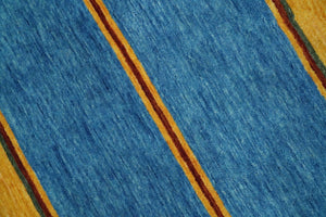 Modern Geometrical Blue, Gold, Brown and Green Stripes Design Hand loom 4.6x7 wool Area Rug