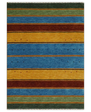 Modern Geometrical Blue, Gold, Brown and Green Stripes Design Hand loom 4.6x7 wool Area Rug