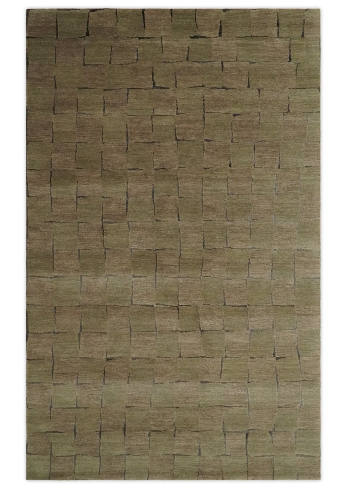 Modern Geometrical Brown, Olive and Charcoal Hand Knotted 5x8 Wool and Silk Area Rug