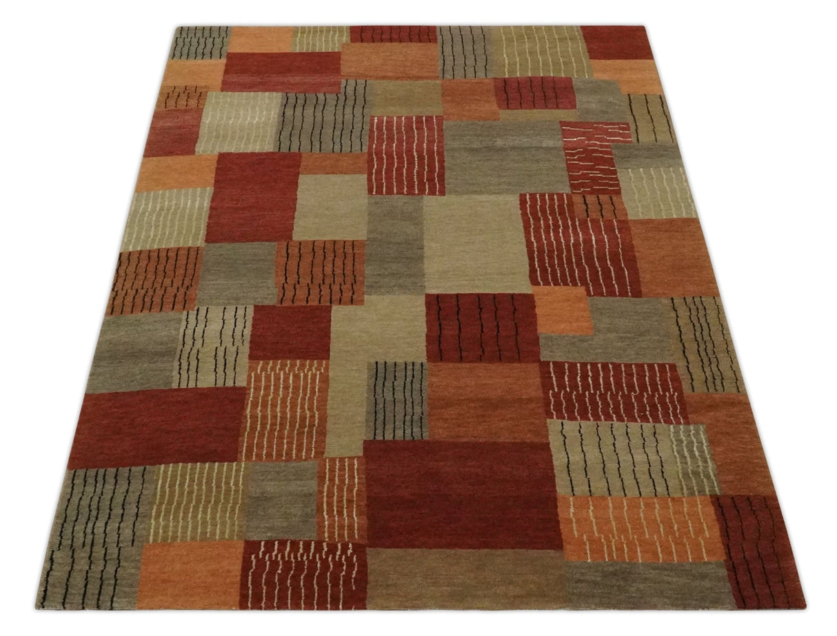 Modern Geometrical Brown, Rust, Gray and Beige Handloom 6x8 wool and Art Silk Area Rug