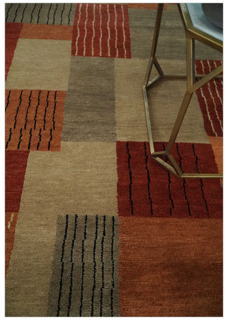 Modern Geometrical Brown, Rust, Gray and Beige Handloom 6x8 wool and Art Silk Area Rug