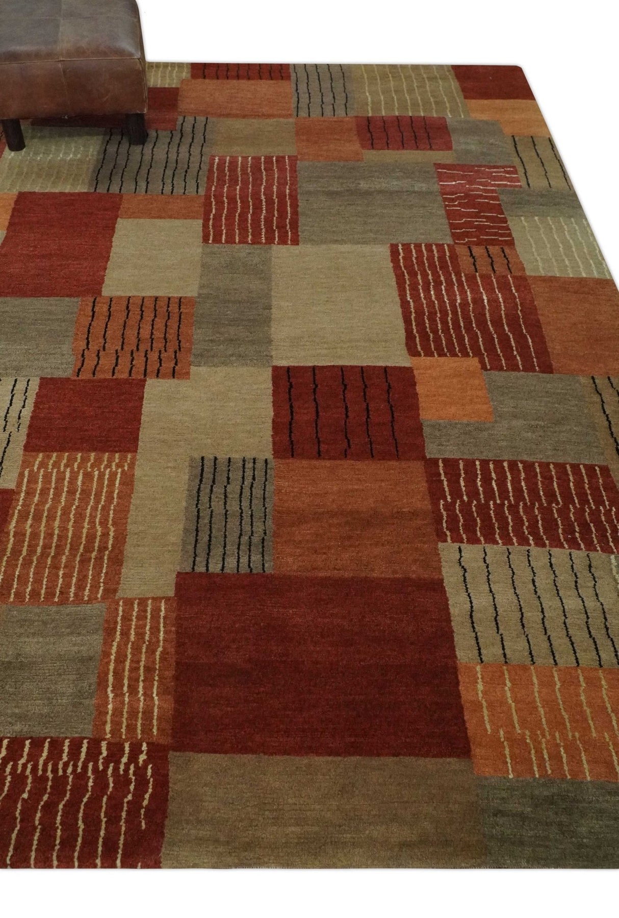 Modern Geometrical Brown, Rust, Gray and Beige Handloom 6x8 wool and Art Silk Area Rug